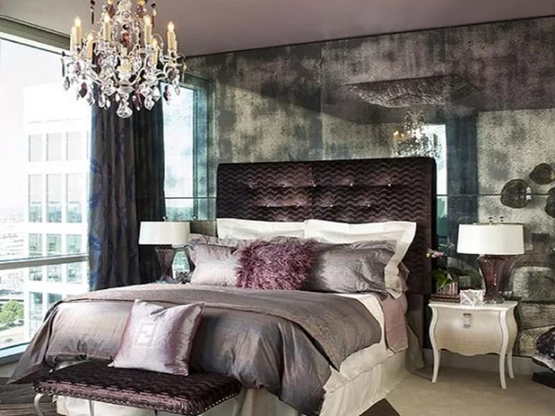 Chandelier Silky Bedding And Glass Wall