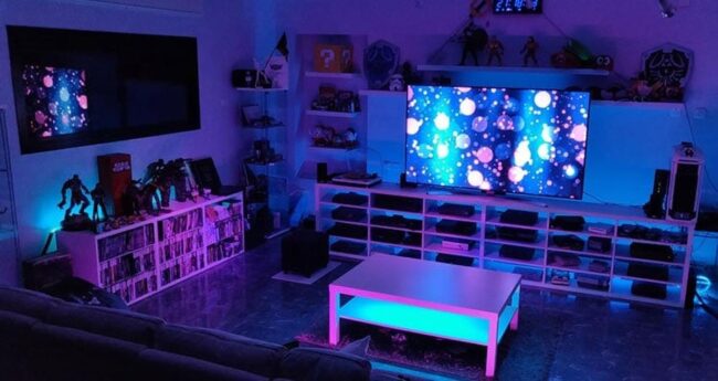 Whimsical Basement Gaming Room with Unique Colors